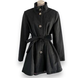 Betsey Johnson Skirted Belted Charcoal Gray Wool Fit Flare Coat Size Medium